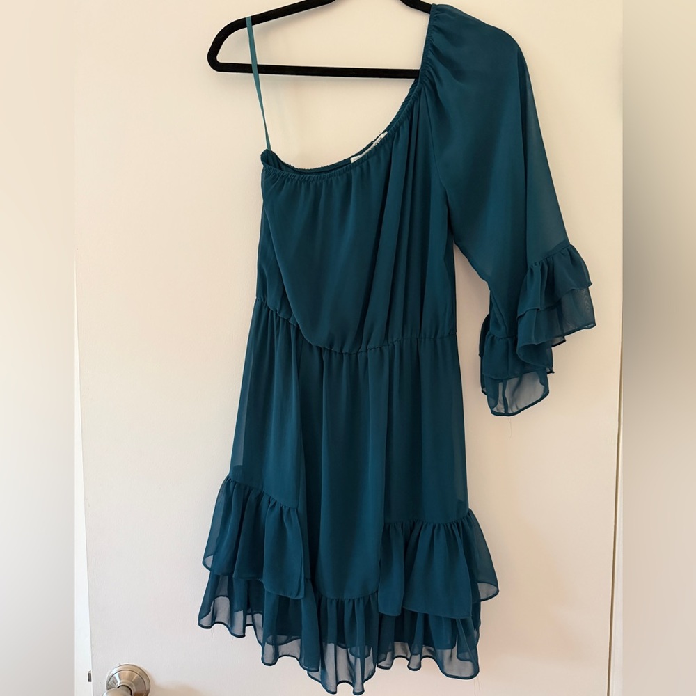 Collective Concepts XS Teal One Shoulder Ruffle Dress